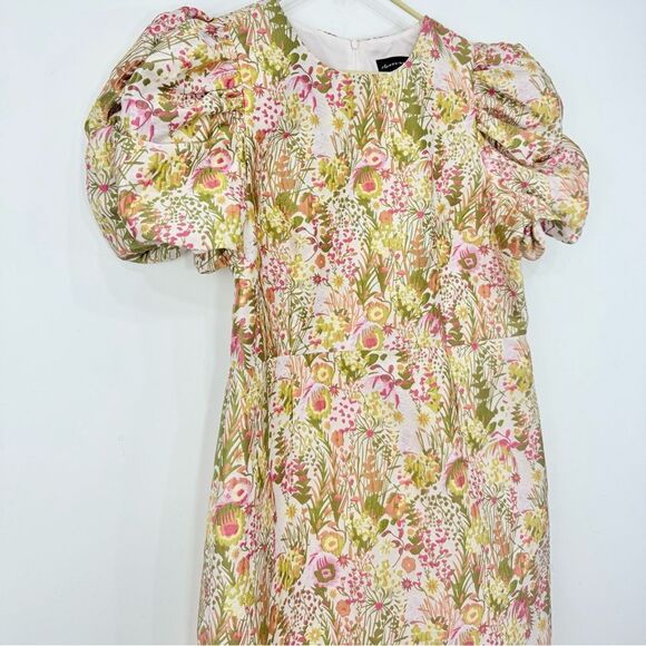 Clover and Sloane Pink Green Floral Print Jacquard Puff Sleeve Sheath Mini Dress - Picture 5 of 16